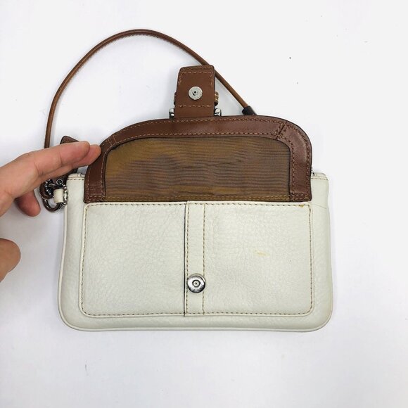 Vintage COACH Off White Brown Leather Wristlet Wallet Clutch Pouch Bag Eyelets - Picture 5 of 12